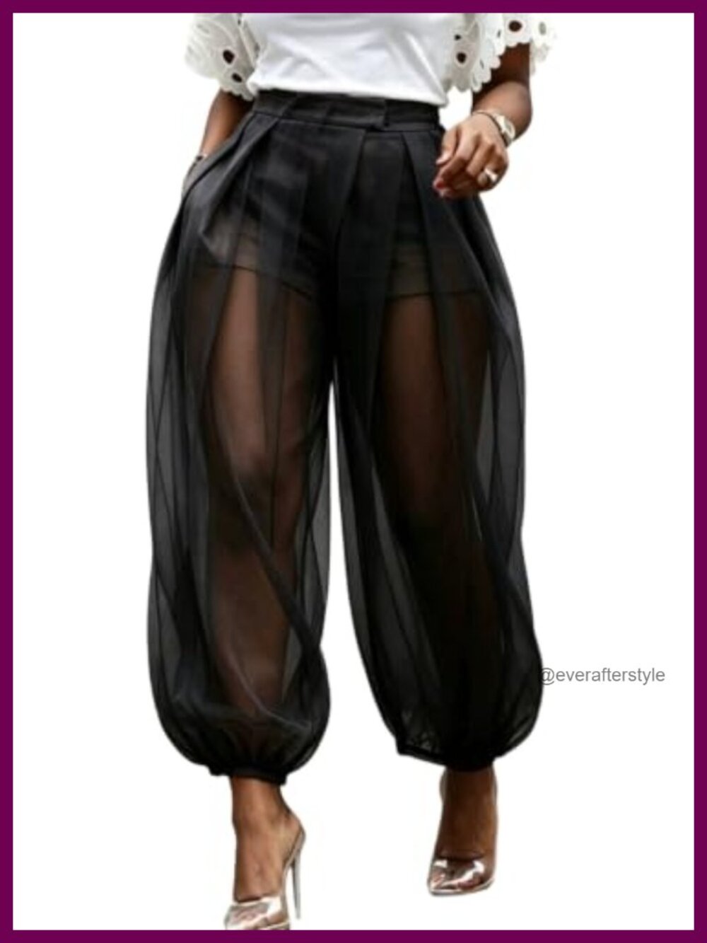 Women Wide Leg Barrel Pants Mesh Pleated Chiffon Trousers
